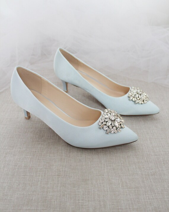 LIGHT BLUE SATIN Pointy Toe Pump Low Heels with Oversized Brooch, Women Wedding Shoes, Bridesmaid... | Etsy (US)