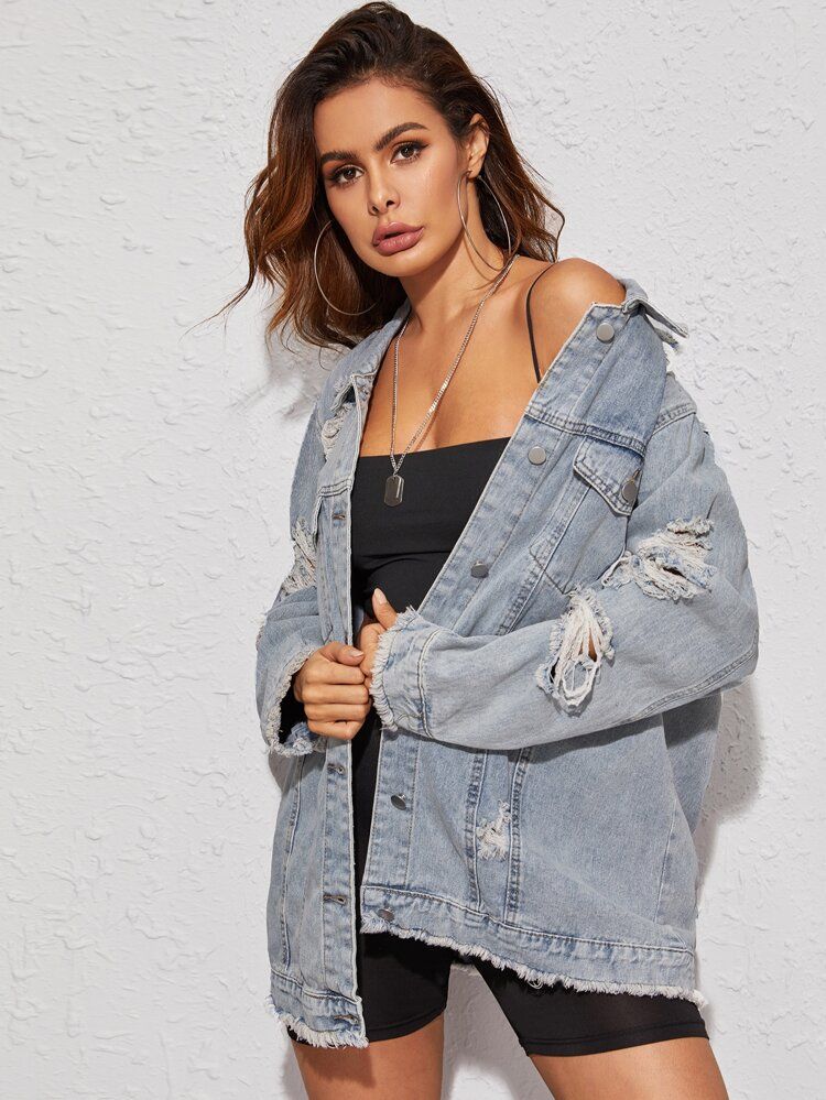 Light Wash Raw Hem Ripped Longline Denim Jacket | SHEIN