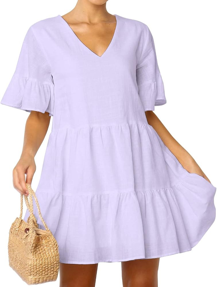 FANCYINN Cute Shift Tunic Dress Ruffle Swing Babydoll Juniors Mini Ruffle Dress with Pockets | Amazon (US)