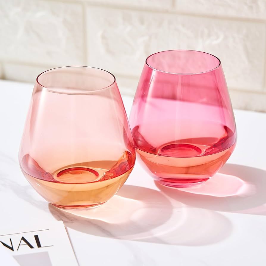 Coral & Fuchsia Colored Wine Glassware | Set of 2 | Large 16 oz Stemless Glasses, Coral Peach Pin... | Amazon (US)