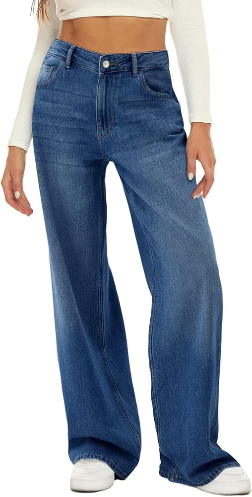 HDLTE Women Wide Leg Jeans High Waist Baggy Jean Loose Boyfriend Jeans Denim Pants Y2K | Amazon (US)
