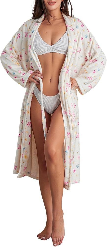 Owl's-Yard Women's Soft Summer Dressing Gown Floral Fruit Print Plush Shawl Collar Bathrobe Warm ... | Amazon (US)