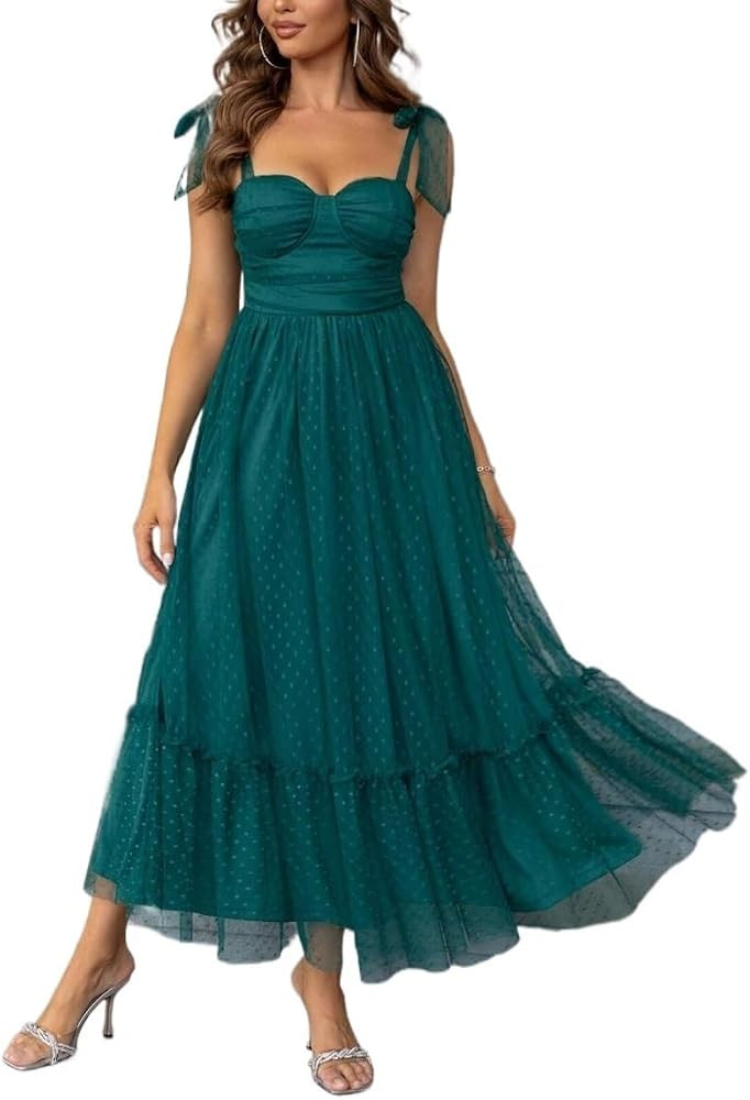 Wocrolse Sleeveless A-Line Flared Long Dress for Women Tie Shoulder Ruffle Hem Mesh Overlay | Amazon (US)