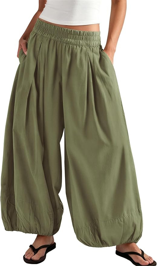 ReachMe Women's Elastic High Waist Wide Leg Balloon Pants | Soft Medium Weight Fabric, Casual Bar... | Amazon (US)