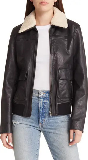 Leather Bomber Jacket with Removable Faux Shearling Trim | Nordstrom