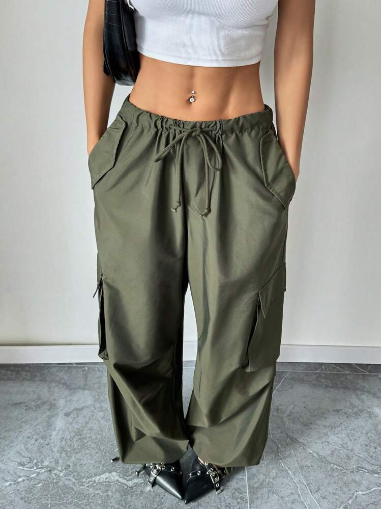 Glamine Women's Solid Color Drawstring Waist Cargo Pocket Wide Leg Loose Pants Woman S Summer Clo... | SHEIN