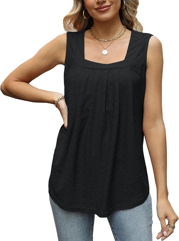 Womens Summer Boho Floral Sleeveless Blouse Pleated Tank Top Shirts Square Neck Loose Fit | Amazon (US)