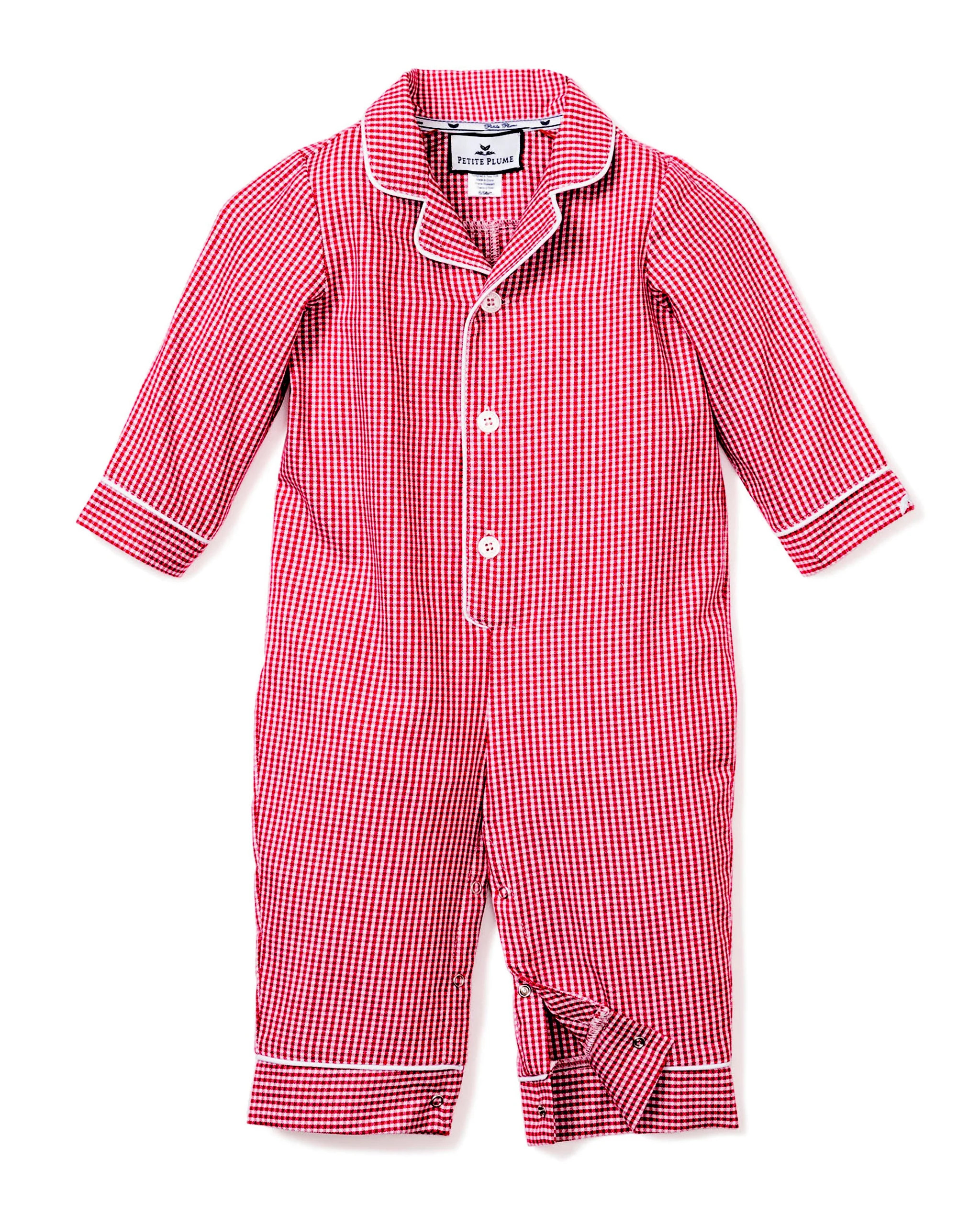 Baby's Flannel Romper in Red Mini Gingham | Petite Plume