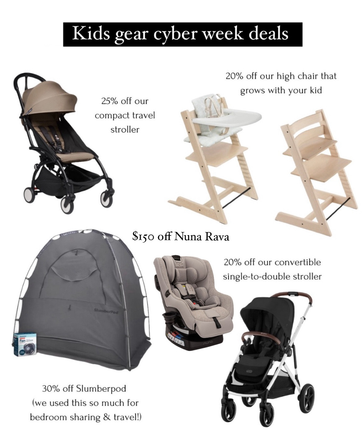 Black Friday baby & kids gear Sale Finds! 

• Babyzen YOYO stroller bundle with frame and color pack - such a great compact travel stroller that we’ve used for 6 years now.

• $150 off pottery barn kids Nuna Rava convertible car seat 
• Stokke high chair - grows with your baby and can be used in adulthood too.

• SlumberPod Sleep Tent & Portable Fan Set - we used this daily when room sharing in our small condo and on vacations. 

• Cybex Gazelle single to double stroller - search my blog for the words “double stroller” to read my review on this! We use ours daily. An excellent underrated stroller that converts from single to double and comes with all the converters you need, and compatible with Nuna infant car seats 

• pottery barn anywhere kids chair

Holiday gift ideas, kids travel, holiday finds 

#LTKKids #LTKBaby #LTKCyberWeek