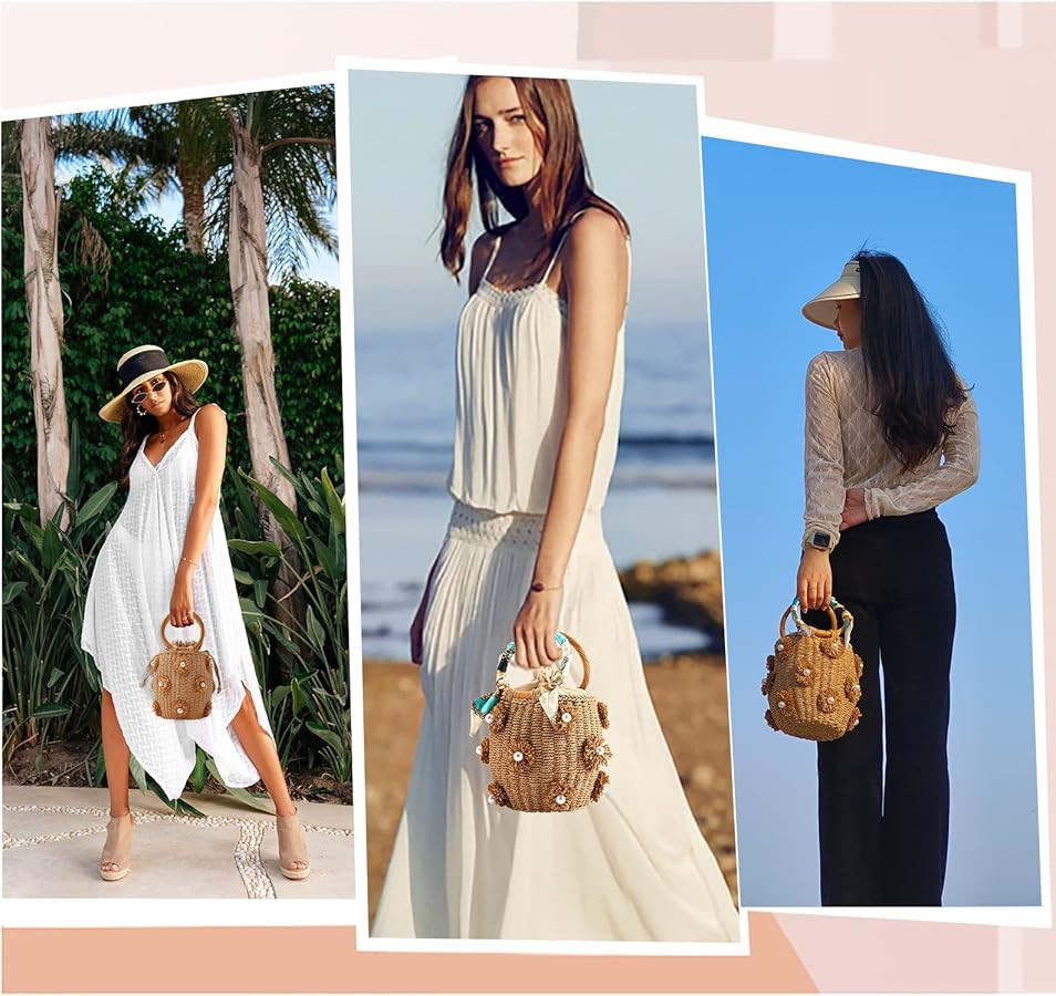 Flower Pearls Rattan Tote Bag Summer Beach Drawstring Straw Bucket Bag Diamonds Woven Handbag | Amazon (US)