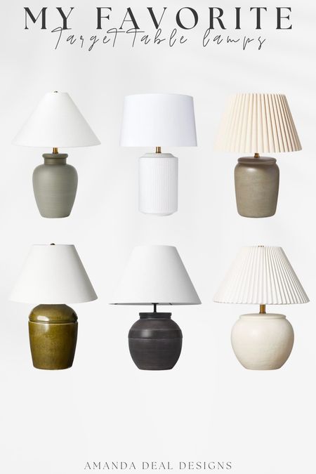 My favorite Target table lamps! 

Find more content on Instagram @amandadealdesigns for more sources and daily finds from crate & barrel, CB2, Amber Lewis, Loloi, west elm, pottery barn, rejuvenation, William & Sonoma, amazon, shady lady tree, interior design, home decor, studio mcgee x target, bedroom furniture, living room, bedroom, bedroom styling, restoration hardware, end table, side table, framed art, vintage art, wall decor, area rugs, runners, vintage rug, target finds, sale alert, tj maxx, Marshall’s, home goods, table lamps, threshold, target, wayfair finds, Turkish pillow, Turkish rug, sofa, couch, dining room, high end look for less, kirkland’s, Ballard designs, wayfair, high end look for less, studio mcgee, mcgee and co, target, world market, sofas, loveseat, bench, magnolia, joanna gaines, pillows, pb, pottery barn, nightstand, throw blanket, target, joanna gaines, hearth & hand, floor lamp, world market, faux olive tree, throw pillow, lumbar pillows, arch mirror, brass mirror, floor mirror, designer dupe, counter stools, barstools, coffee table, nightstands, console table, sofa table, dining table, dining chairs, arm chairs, dresser, chest of drawers, Kathy kuo, LuLu and Georgia, Christmas decor, Xmas decorations, holiday, Christmas Eve, NYE, organic, modern, earthy, moody

#LTKhome #LTKxTarget #LTKfindsunder100