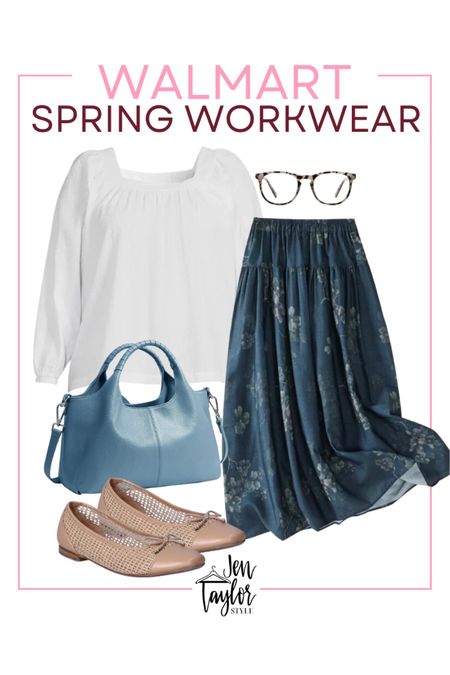 Spring work outfit idea but make it plus size fashion and affordable! Featuring a spring maxi skirt, simple white blouse, blue handbag, chic ballet flats, and blue light glasses

#LTKplussize #LTKstyletip #LTKworkwear