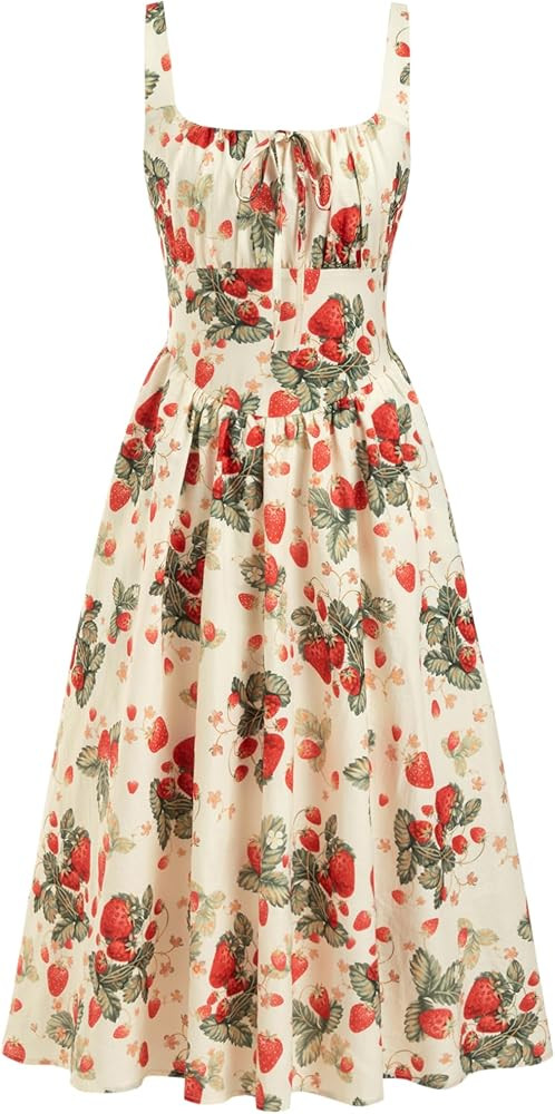 CIDER Women's Strawberry Floral Maxi Dress Sleeveless Square Neck Flowy Milkmaid Dress Cottage Co... | Amazon (US)