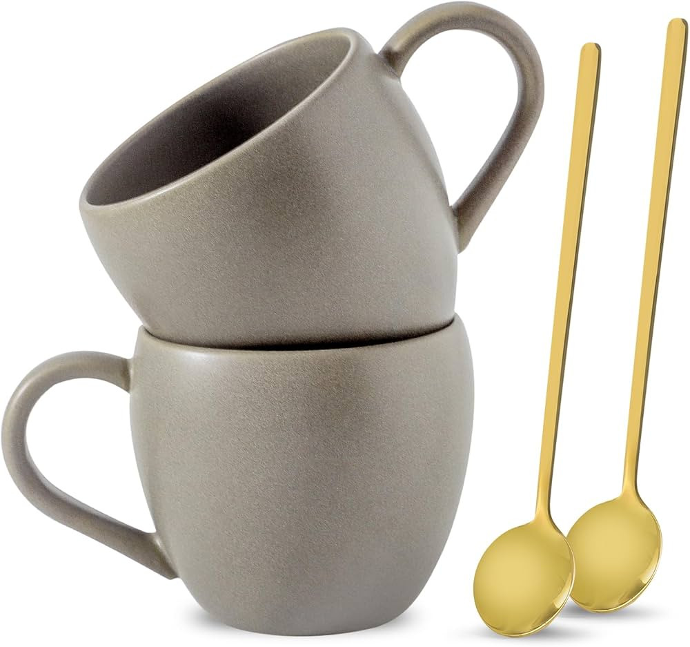 Coffee Mugs, 16 oz Ceramic Coffee Cups, Stoneware Coffee Mugs with Spoons for Latte, Tea, Cereal, Housewarming Wedding Anniversaries Gift, Set of 2, Matte Gray | Amazon (US)