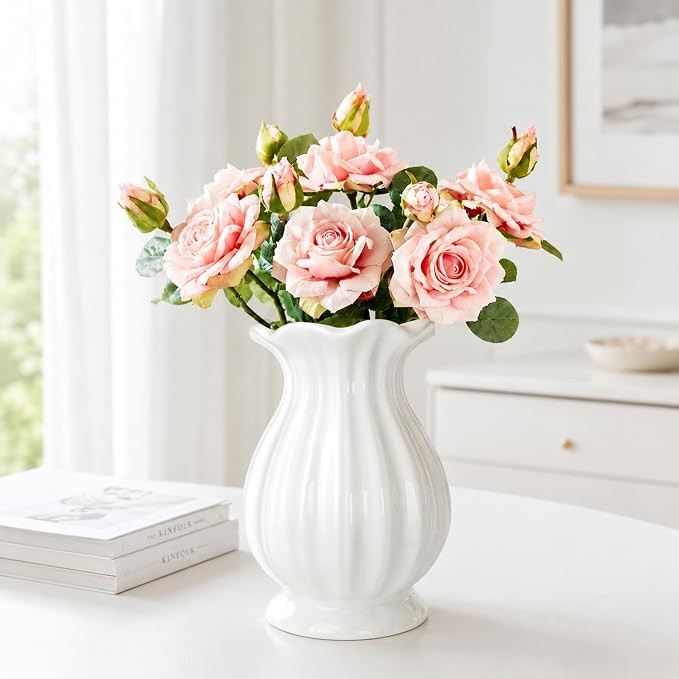 White Ceramic Vase, 7.8 Inch Farmhouse Flower Vase for Home Decor | Amazon (US)
