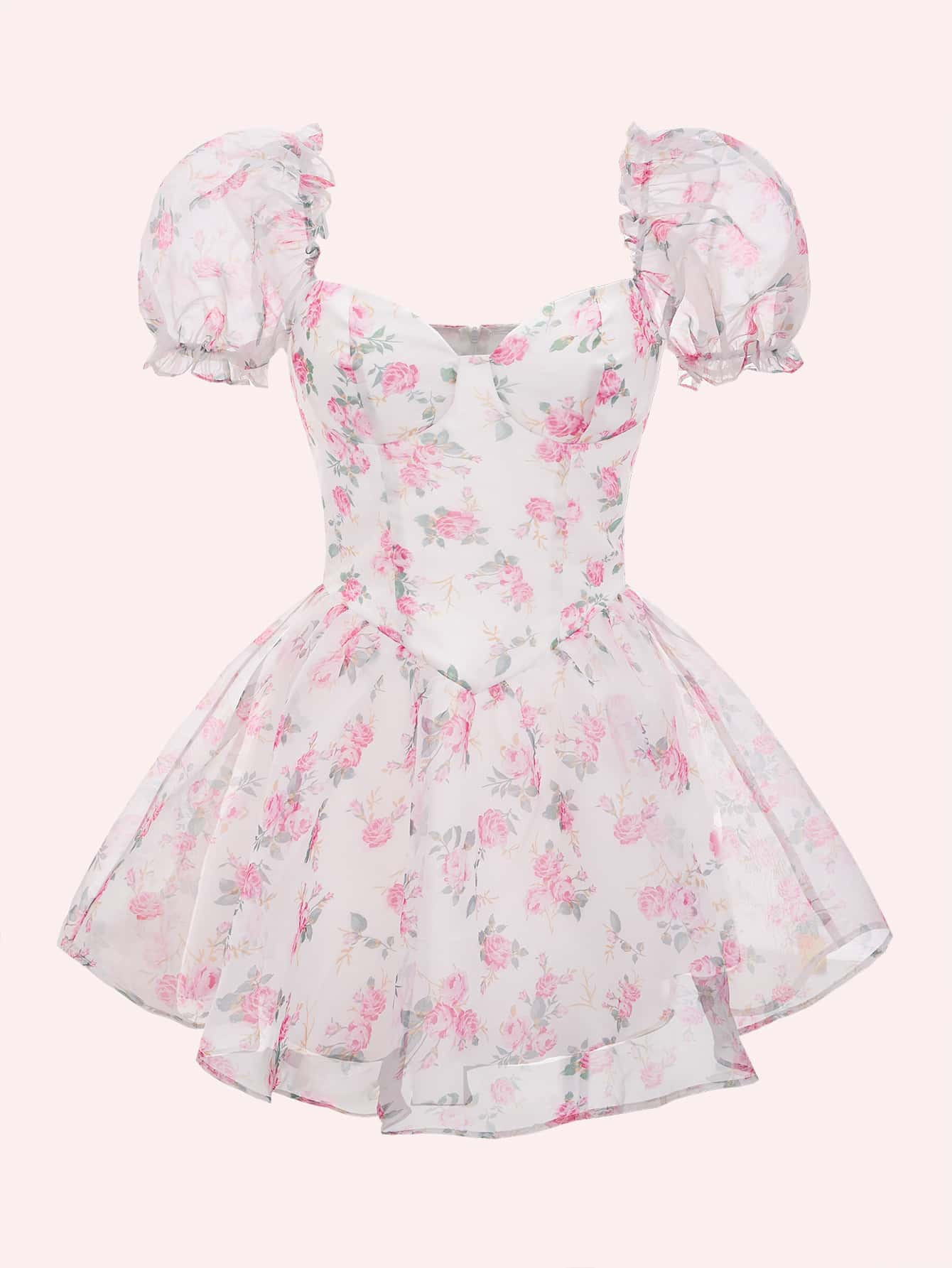 SHEIN MOD Floral Print Puff Sleeve Bustier Organza Dress | SHEIN