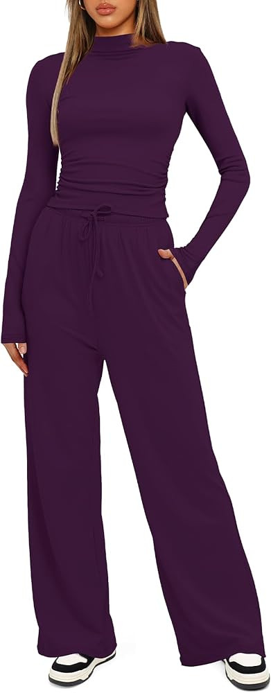 Darong Women's 2 Piece Outfits Lounge Sets Long Sleeve Mock Neck Tops High Wasited Wide Leg Pants... | Amazon (US)