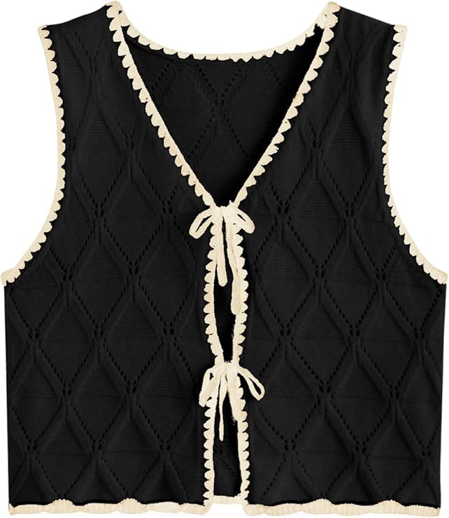 Verdusa Women's Old Money Bow Tie Crochet Sweater Vest Contrast Binding Knot Front V Neck Knit To... | Amazon (US)