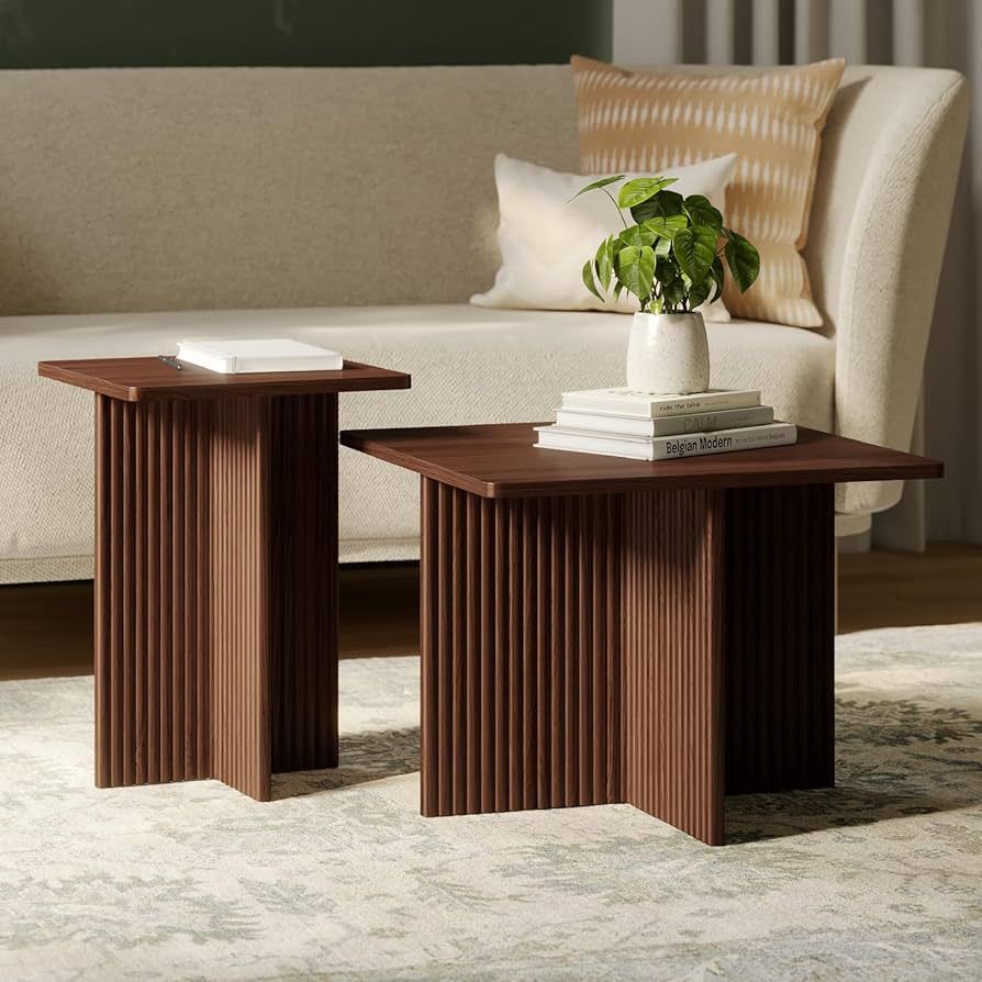 Square Fluted Nesting Coffee Table - Low Profile 2 Piece Square Coffee Table Set - Living Room Fu... | Amazon (US)