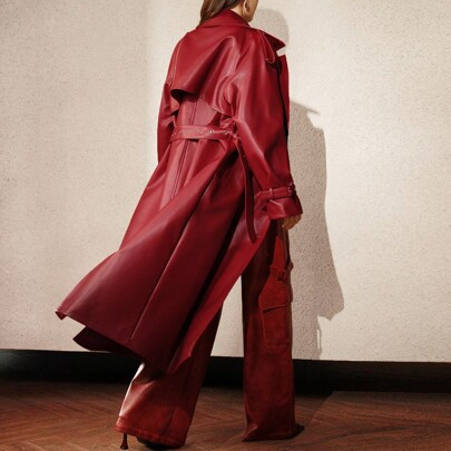 Women's Angora Red Long Elegant Trench Coat, Double Breasted, Modern Style For Spring & Autumn | SHEIN