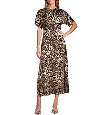 Antonio Melani Gabriella Satin Leopard Print Ruched Jewel Neck Short Sleeve A-Line Flounce Midi Dress -  6 | Dillard's