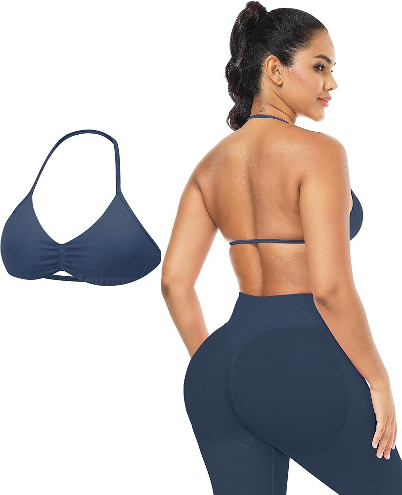 Ieumaz Strappy Sports Bras for Women Seamless Padded Twill Knit Deep V Halter Workout Gym Tops Yo... | Amazon (US)