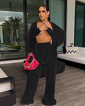 Sweatsuits for Women Set Cardigan 3 Piece Outfits Casual Loose Tracksuit Ruffle Long Sleeve Pleat... | Amazon (US)