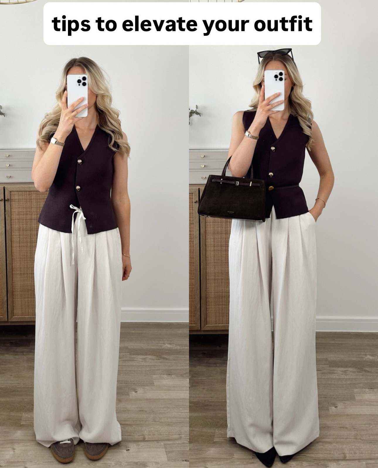 before & after properly styling an outfit 🤎
wearing size small in the brown vest
trousers size small (would size down next time!)
my bag is from Verafied NY 


#LTKuk #LTKsummer #LTKeurope