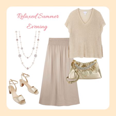 Summer evening outfit. Champagne Satin skirt, sparkle knit and hold accessories with pearl layered necklace

#LTKSeasonal #LTKeurope #LTKstyletip