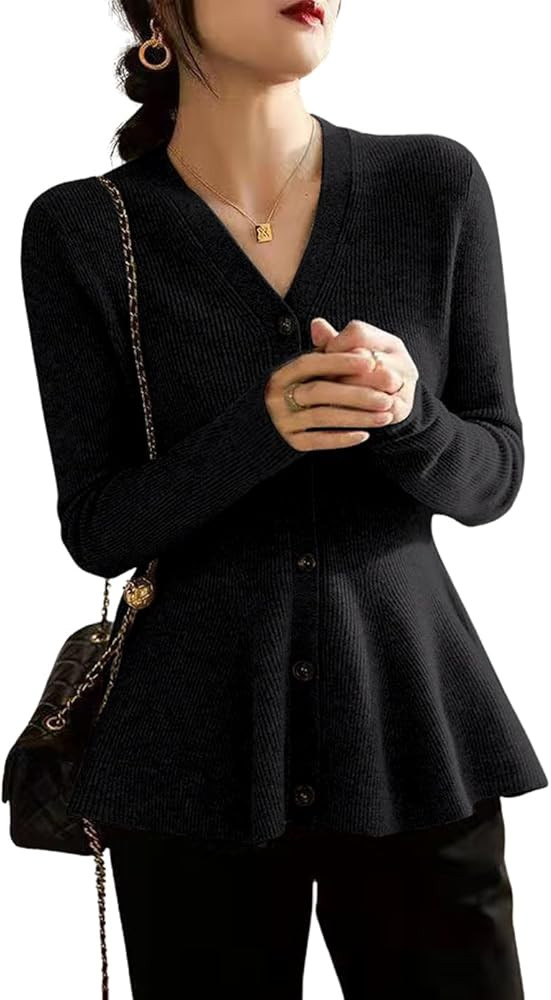 chouyatou Women's Fall Lightweight Peplum Cardigan Sweater Button Down Cardigan Jacket Business C... | Amazon (US)