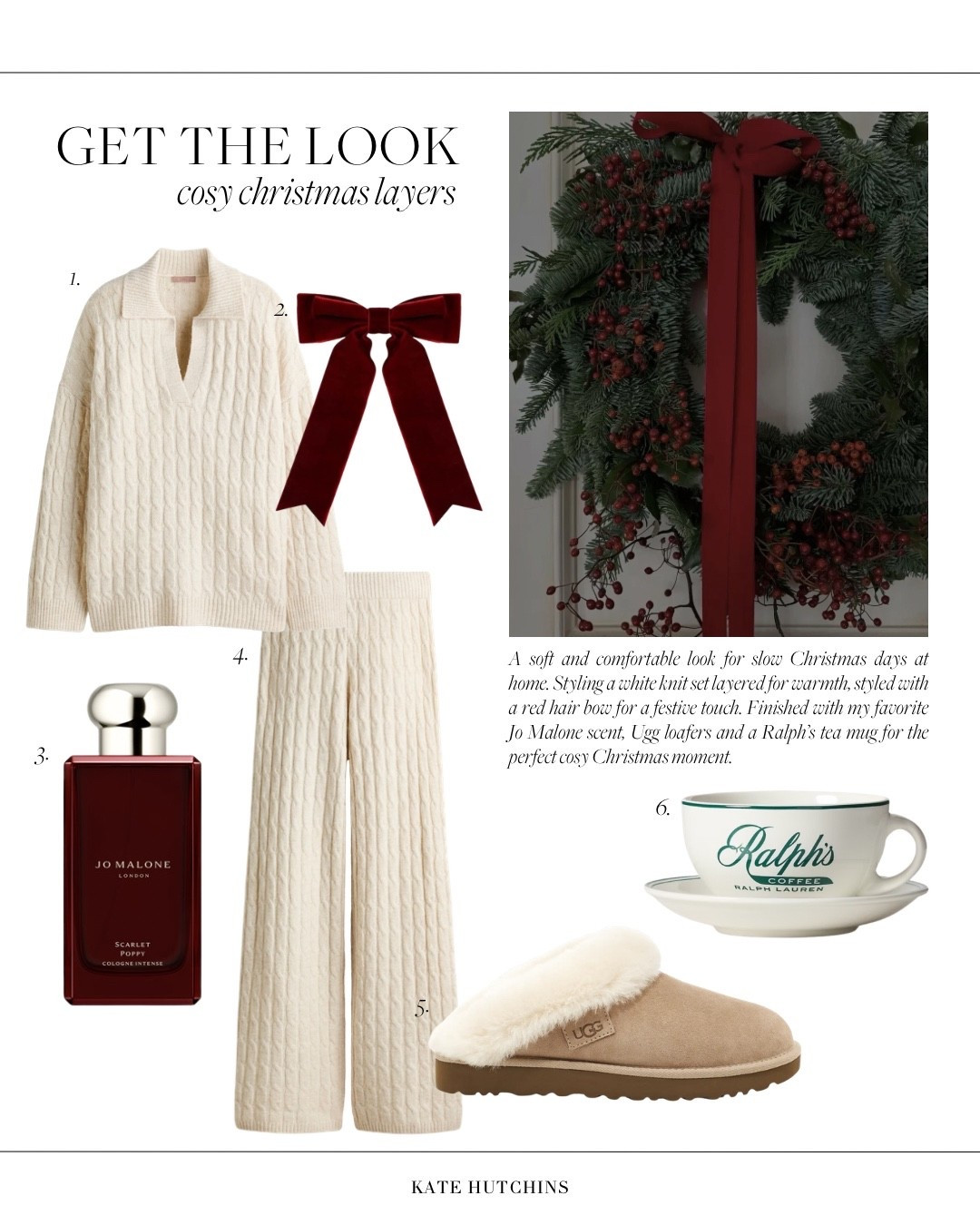A soft and comfortable look for slow Christmas days at home. Wearing a white knit set layered for warmth, styled with a red hair bow for a festive touch. Finished with my Jo Malone scent, Agolde loafers and a Ralph’s tea mug, the perfect cosy Christmas moment.


#LTKwinter #LTKstyletip