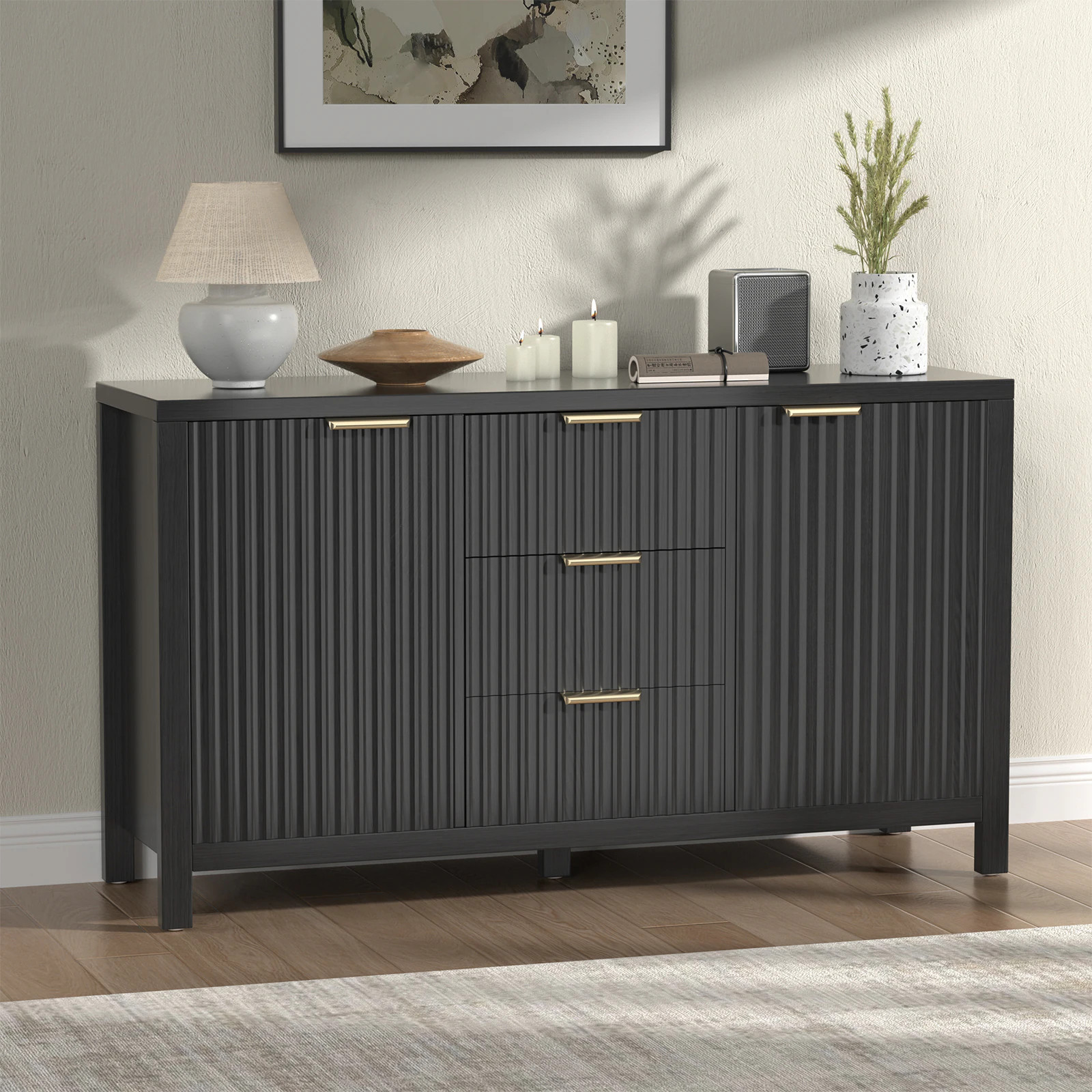 LUXEYARD Sideboard Storage Cabinet Fluted Credenza Buffet Cabinet with Two Doors and Three Drawers for Kitchen and Living Room Black one_size | Lowe's