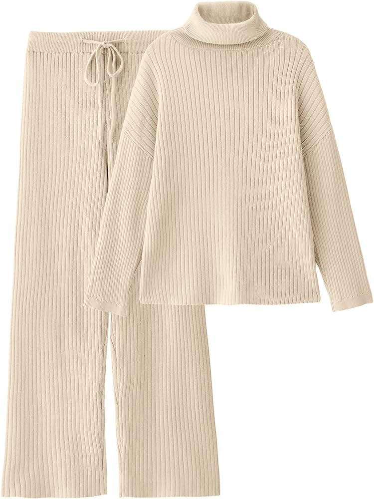 Women's 2 Piece Outfits Turtleneck Sweaters Lounge Set and Wide Leg Pants Cozy Knit Sweatsuit Set... | Amazon (US)