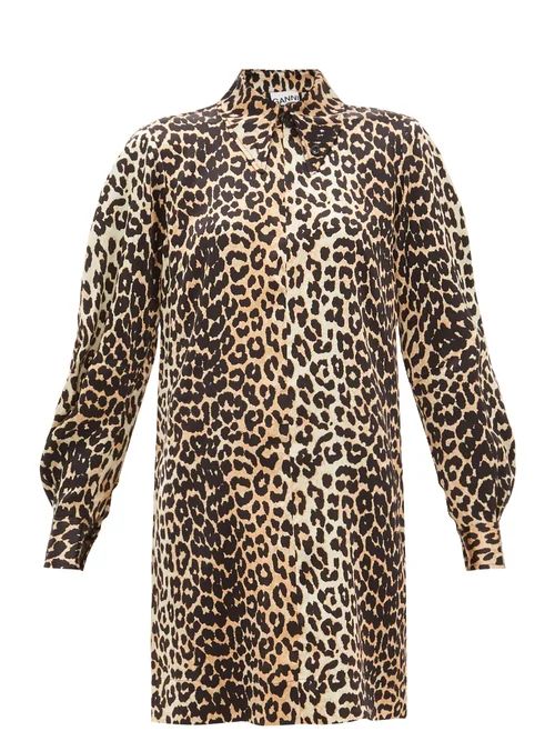 Ganni - Leopard-print Silk-blend Satin Mini Shirtdress - Womens - Leopard | Matches (US)