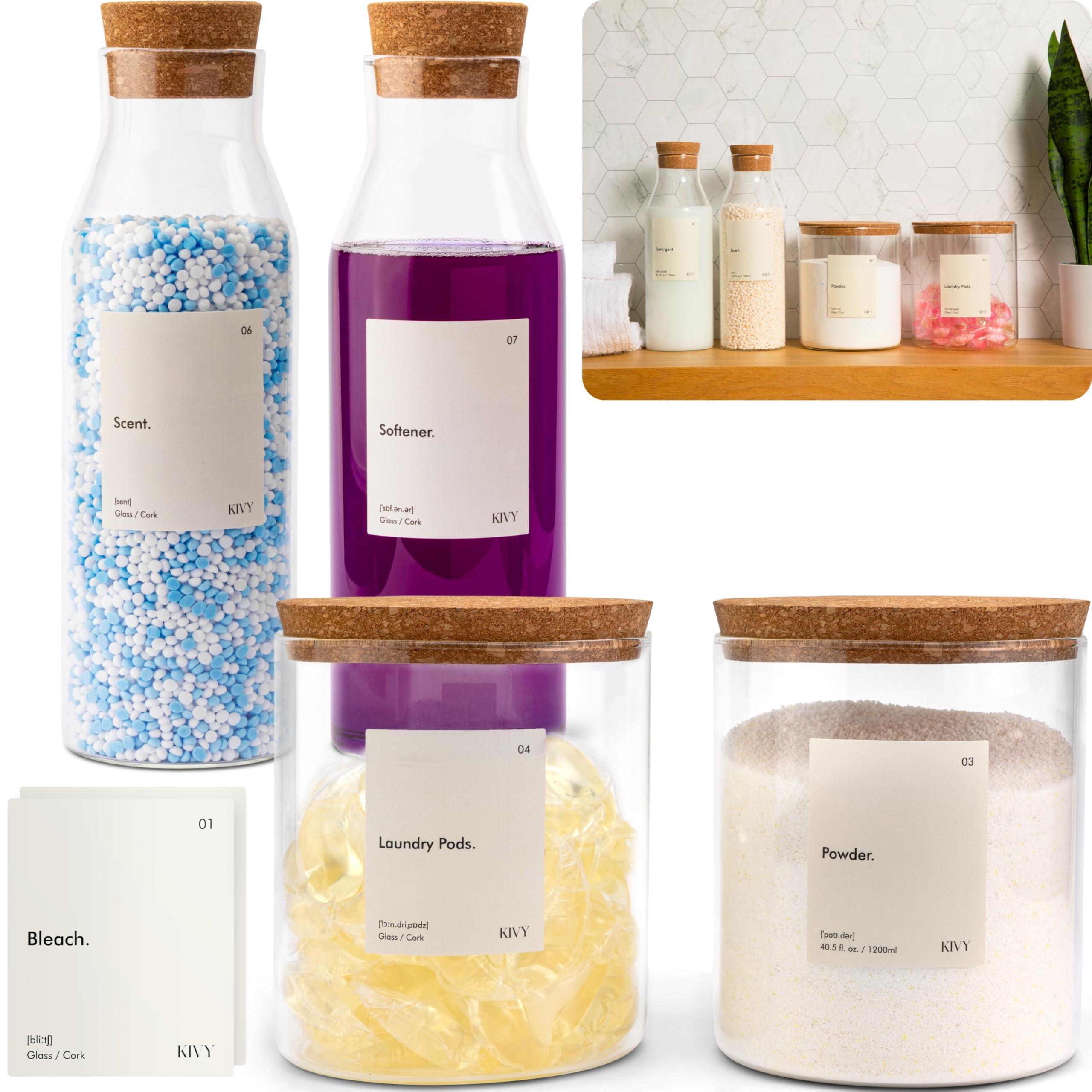 KIVY Glass Detergent Dispenser Container Set of 4 [INCL Labels] Large Glass jars for Laundry Room... | Amazon (US)
