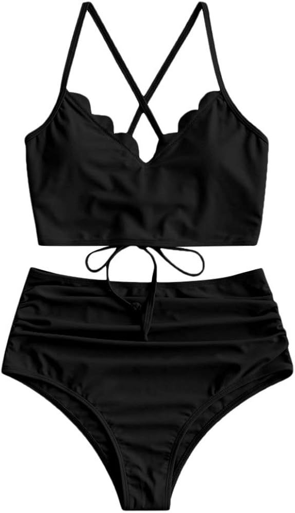 ZAFUL Women's Crisscross Ruched High Waisted Bottom Bikini Set Two Piece Swimsuit Tankini | Amazon (US)