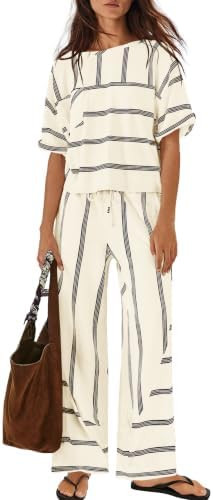 Nirovien Womens Striped Lounge Set 2 Piece Vacation Sets Short Sleeve Tops and Wide Leg Pants Tra... | Amazon (US)