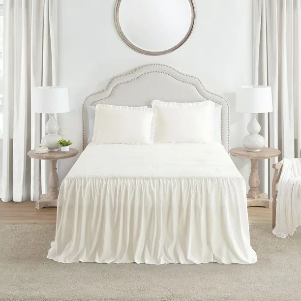 My Texas House Angelina Ivory Solid Ruffle Polyester 3-Piece Bedspread Set, Queen | Walmart (US)