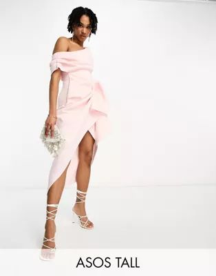 ASOS DESIGN Tall fallen shoulder manipulated tuck midi pencil dress in baby pink | ASOS (Global)