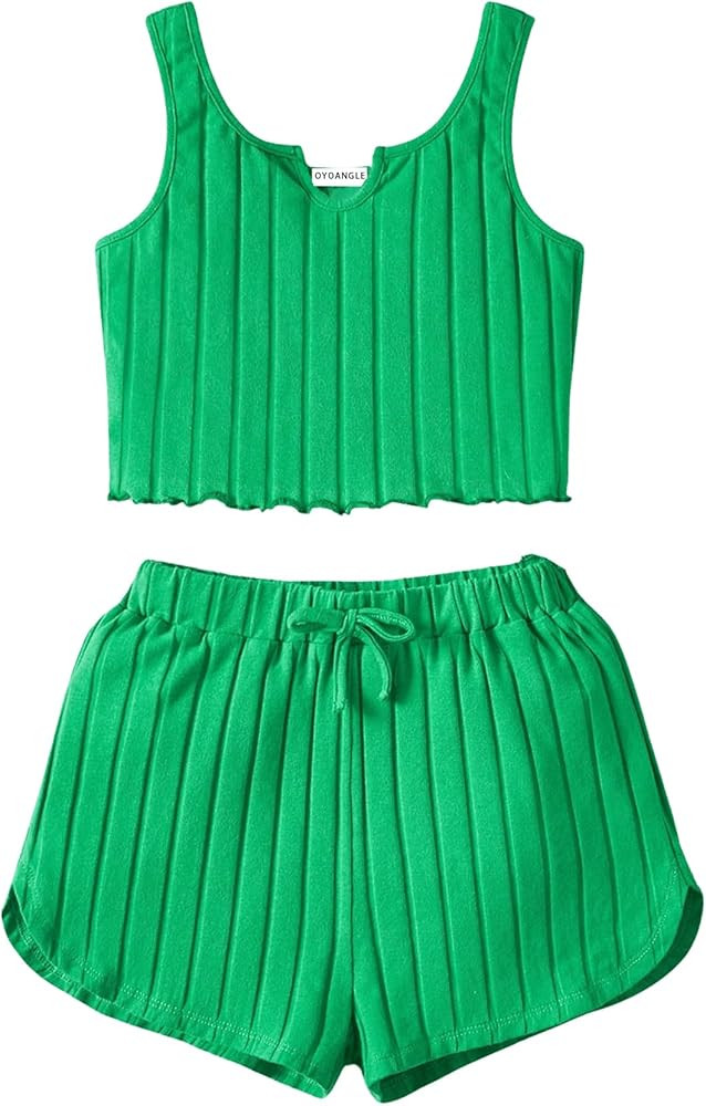OYOANGLE Girl's 2 Piece Outfits Sleeveless Rib Knit Notched Neck Crop Tank Top and Shorts Set Tra... | Amazon (US)
