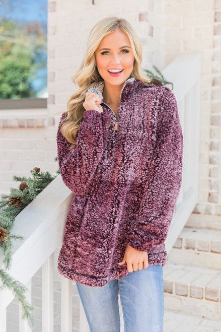 Snowy Daydreams Sherpa Quarter Zip Pullover Plum | The Pink Lily Boutique