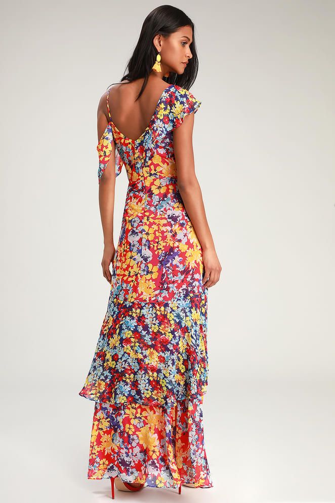 Radiant Ruby Red Floral Print Chiffon Maxi Dress | Lulus (US)