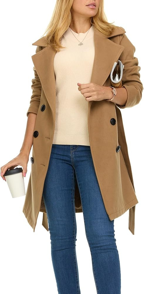 Steve Madden Trench Coat Women – Double-Breasted Long Winter Wool Coat for Women | Amazon (US)