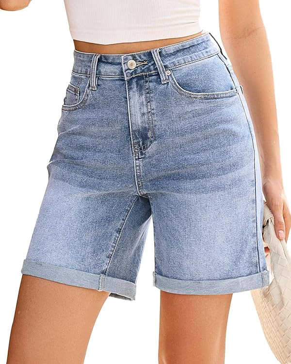 Vetinee Jean Shorts Womens High Waisted Fold Hem Stretchy Long Denim Shorts Mid Thigh Summer Casu... | Amazon (US)