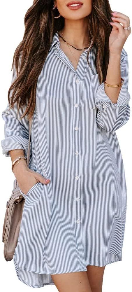 chouyatou Women's Casual Loose Fit Long Sleeve Solid Striped Button Down Shirts Dresses | Amazon (US)