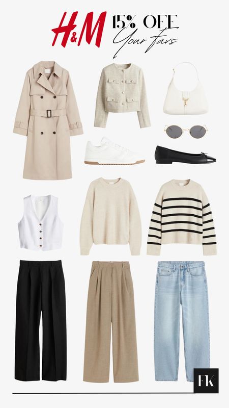 H&M 15% discount for members ✨ Your favs from H&M 🤍 trench coat, waistcoat, linen, collarless jacket, white handbag, stripe cream jumper, ballet flats, white trainers, black linen trousers, tan camel tailored trousers, blue baggy jeans, spring outfits

#LTKSeasonal #LTKsalealert