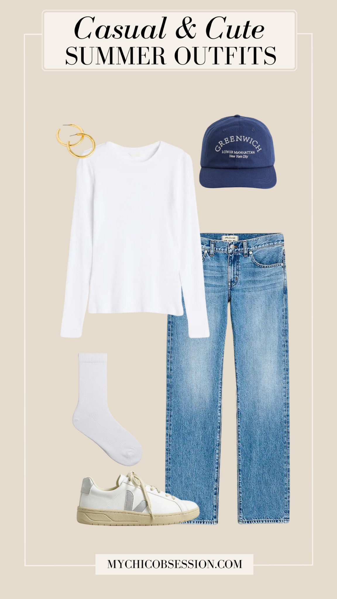 Style a casual and cute outfit for spring or summer. Start with a pair of straight-leg jeans, and a white long-sleeved tee. Add a baseball cap, crew socks,  Veja sneakers, and gold jewelry to finish the look.

#LTKstyletip #LTKSeasonal