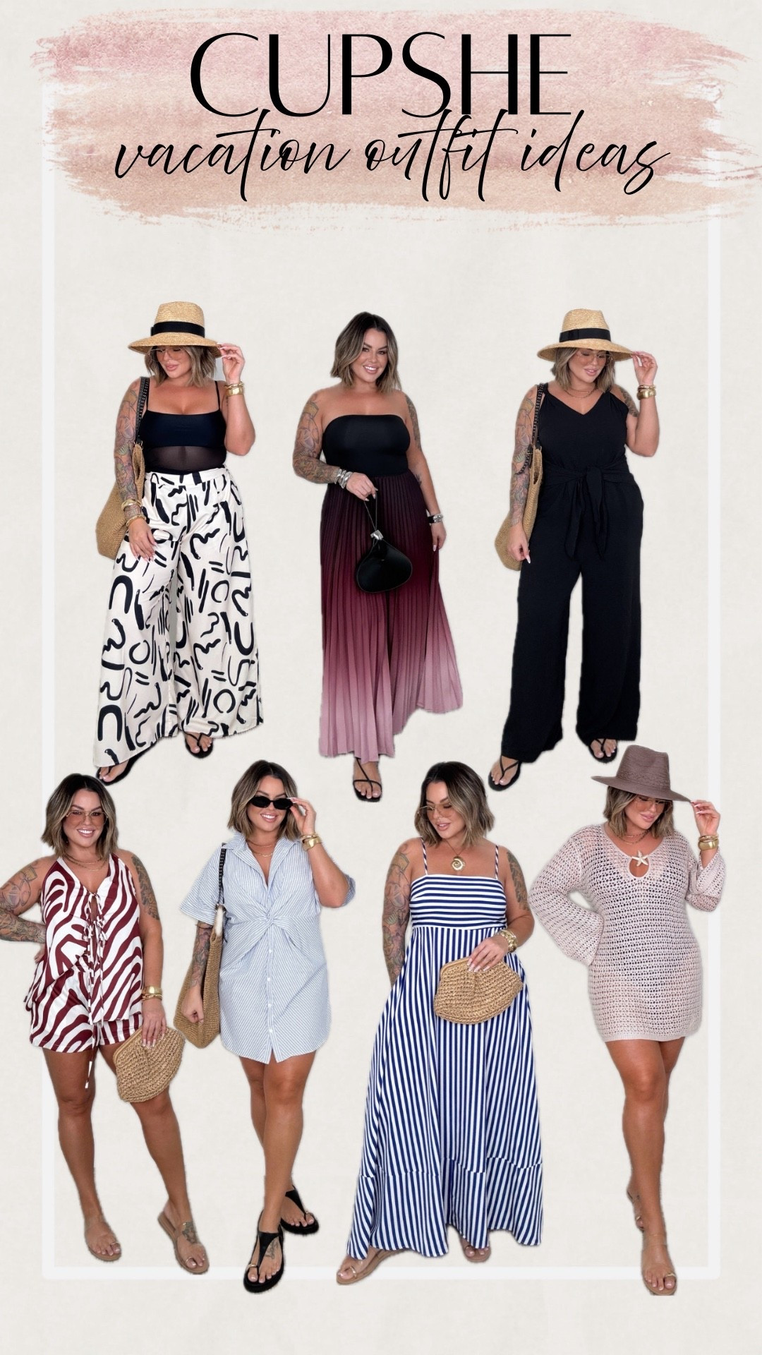 @cupshe haul #cupshe #cupshepartner 
Use code shayna15 to save 15% off $70 usd or more 
I’m 5’5 for height reference. 

Linked my entire haul here 

Size XL brown suit 
Cover up dress L 
Maxi stripe dress L 
Blue short dress xl 
Black romper xl 
Black swim L long torso 
Plum dress L 
Zebra shorts set xl runs small size up 
Abstract pants XL 

I can’t link any items here that are not Cupshe I’m sorry. No link for bags hats or accessories on this post. 