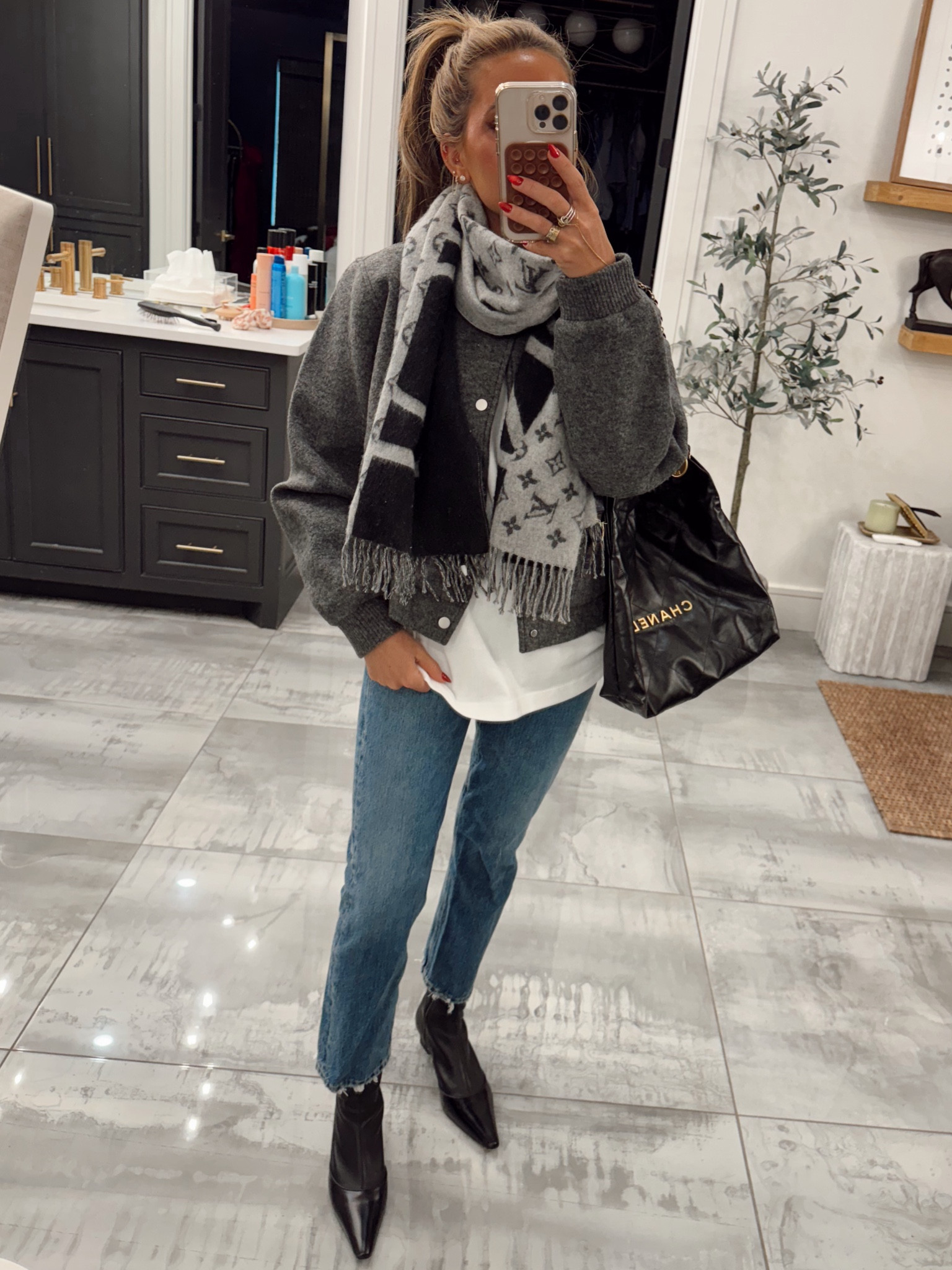 Small in jacket, XS tee, jeans 25, boots true to size. Linked similar scarf 

#LTKStyleTip