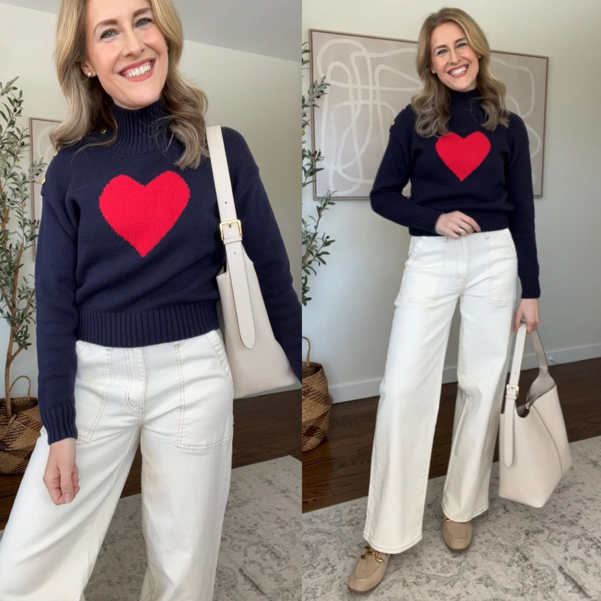 Walmart heart sweater with gold button detail on the shoulder is so cute and classic! I’m in a small. Jeans are great, not see through, fit true to size (I’m a 6). #walmartfashion 

#LTKOver40